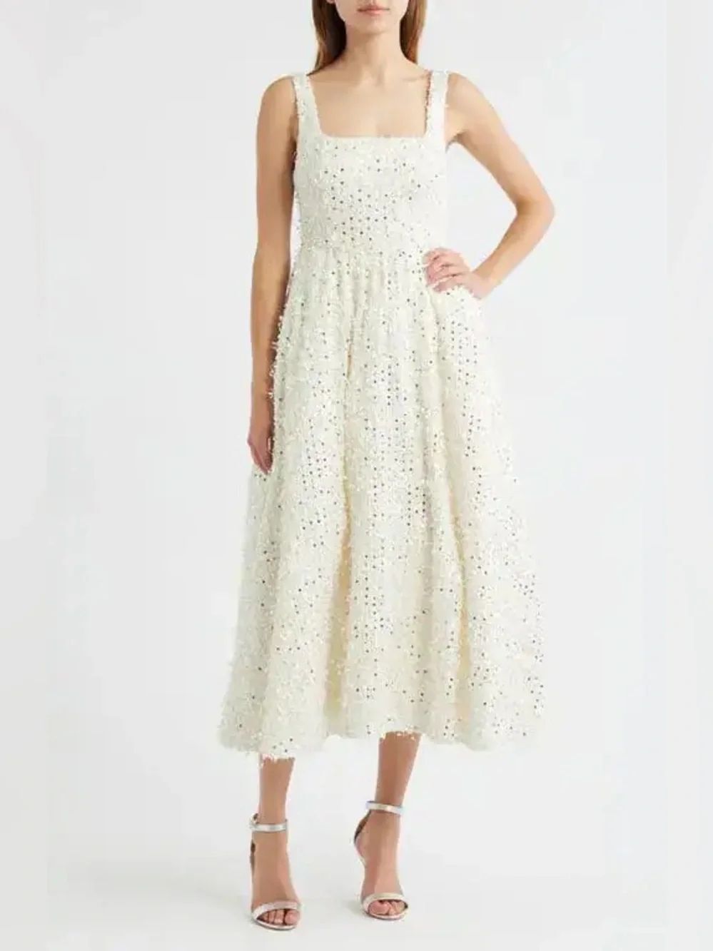 Sonya Moda Valentino Sequin Tweed Elegant Cream Sequin Midi Dress Sleeveless Med